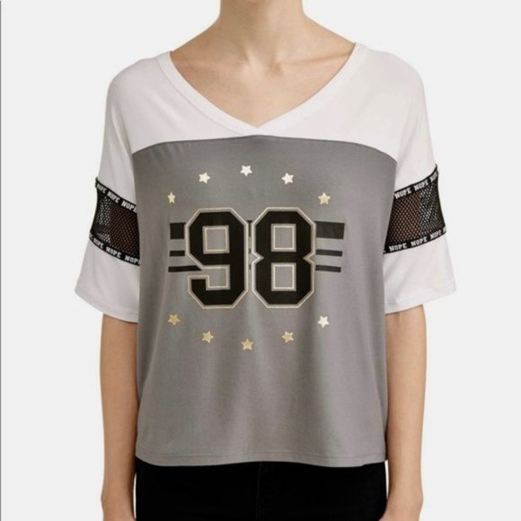No Boundaries Tops - No Boundaries Juniors' mesh edge graphic t-shirt